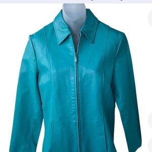 Dialogue teal blue genuine leather jacket size XS  zip up front coat